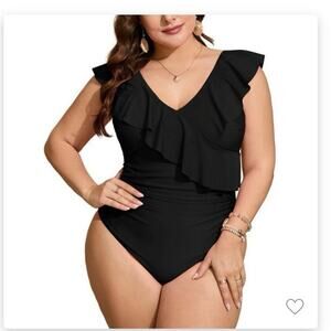 Women's Swimsuit-Ruffled One Piece Flounce Sleeve- Black Plus Size- Size 2XL